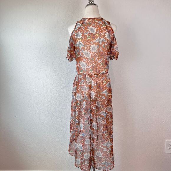 Mystree Floral High Low Tunic Top size Small Orange Cold Shoulder Boho Fairycore - Picture 7 of 10